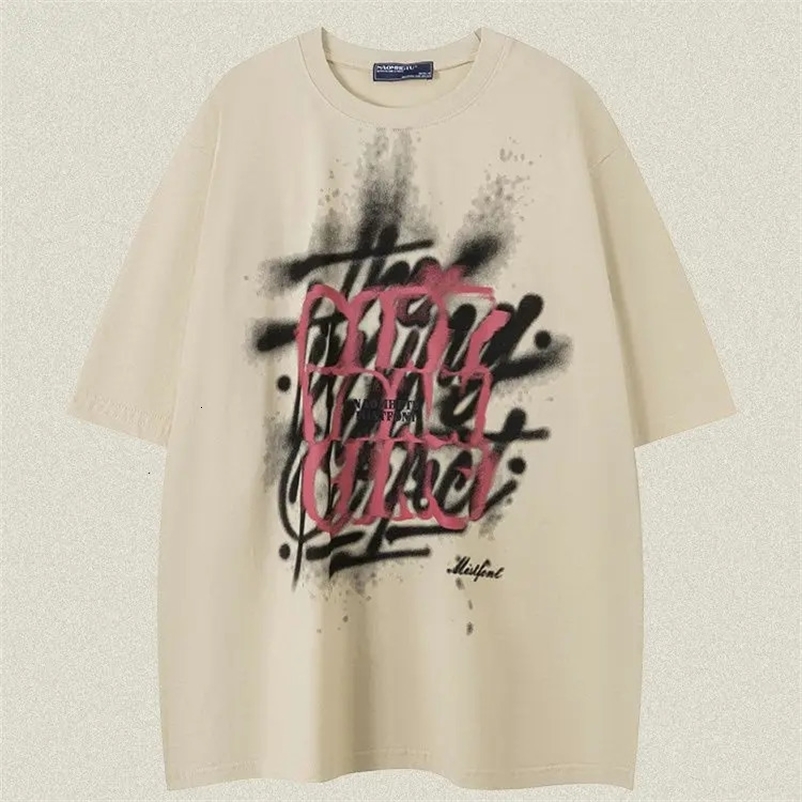 Summer Korean graffiti letter personalized T shirt men American y2k retro street Harajuku cotton half sleeved couple tops 240530
