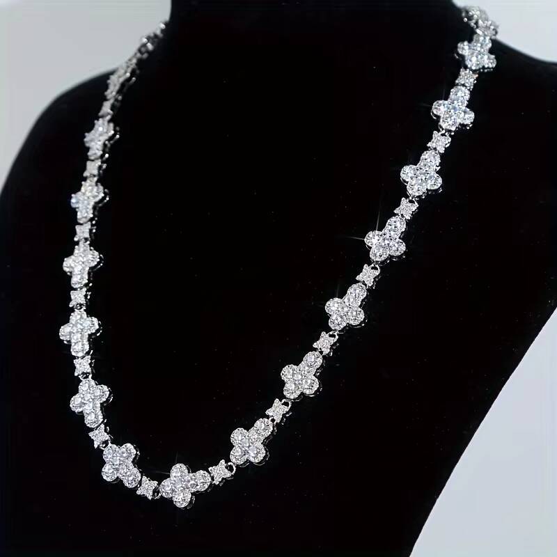 USA Cross Tennis Necklace Birthday Christmas Gift 14K White Gold Plated CZ Diamond Men Women Hypoallergenic Moissanite Chain