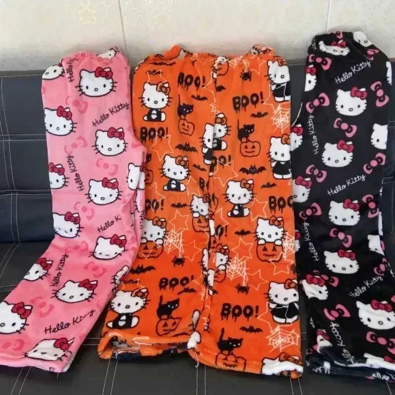 Sanrio Anime HelloKitty Y2k Pajamas Pants Women Pjs Halloween Household Dress Kawaii Woolen Cartoon Casual Home Pants L250925
