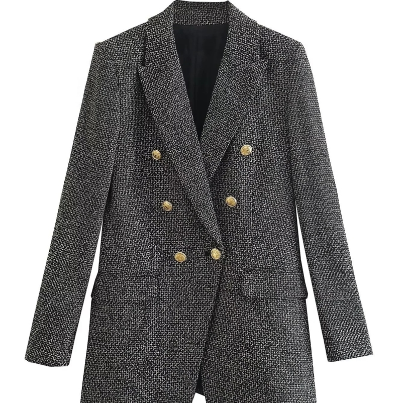 ZEVITY Women Vintage Notched Collar Houndstooth Pattern Tweed Woolen Blazer Coat Female Outerwear Chic Suits Veste Tops CT2994 240911