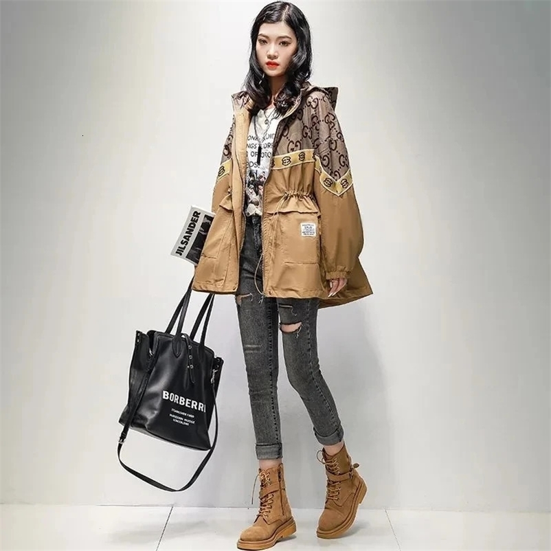 Spring Autumn Trench Coat Womens Long Hooded Print High end Windbreaker Jacket Female Large Size Slim Outerwear 240703