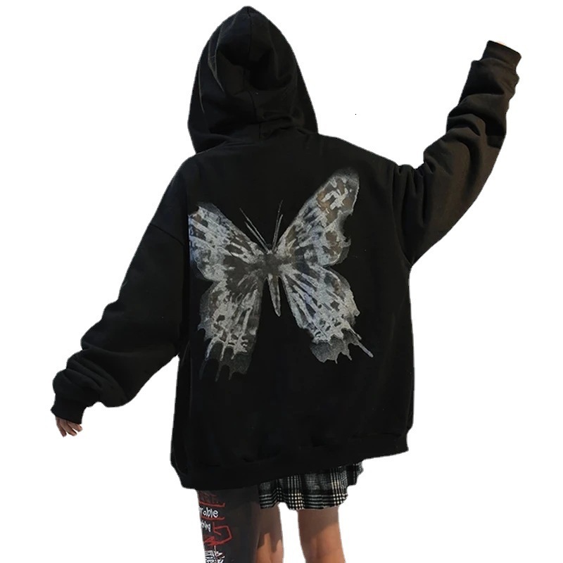 2024 Autumn Winter Women's Fleece-Lined Cardigan Hooded Sweatshirt New YK2 Street Style Letter Butterfly Print Zipper