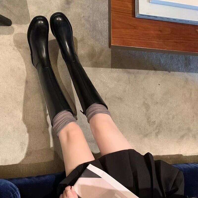 Hot Selg High-End Minimalist Round Toe Low Heel Side Zipper Fashionable Women's Exquisite High-Quality Long Leg Knight