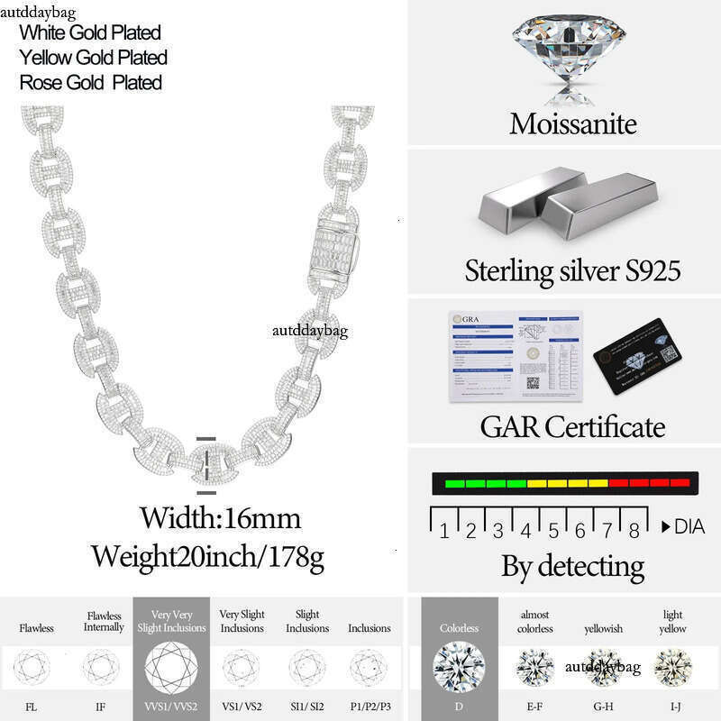 High Quality 16mm Baguette Moissanite k Sterg Sier Lab Mossanite Dia Iced Out Cuban Chain For Men 99