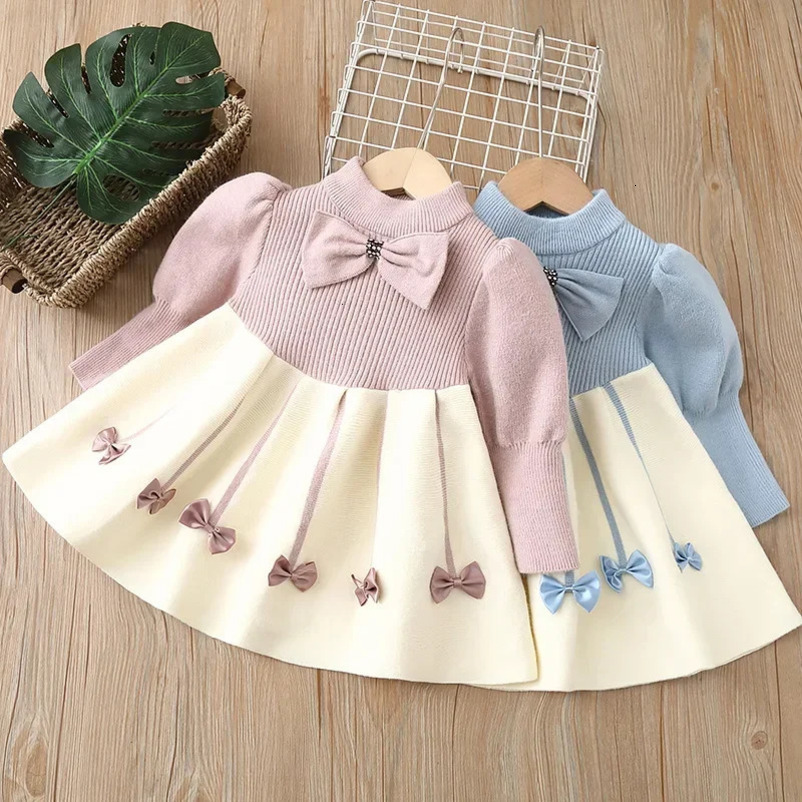 Girls Casual Dresses Bow Puffy Sleeve Sweater Girls Winter Clothes Kids Dresses for Girls 2 To 8 Years Princess Dress Toddler 241219
