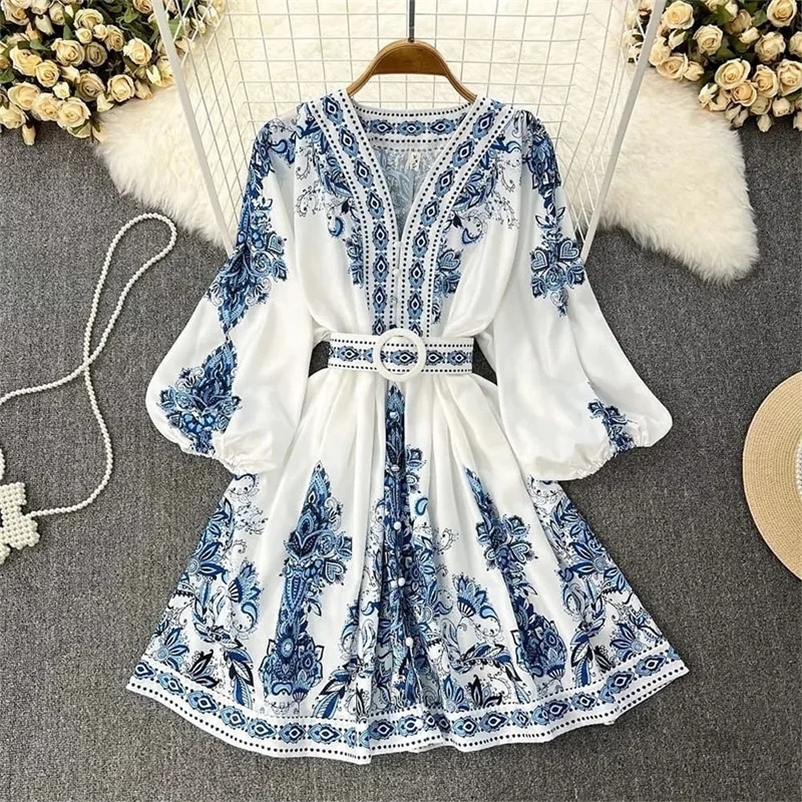 Womens Fashion Autumn Blue Print V-Neck Long Sleeve Bohemian Dress Elegant Womens Belt Lantern Sleeve Holiday Vestidos 240429