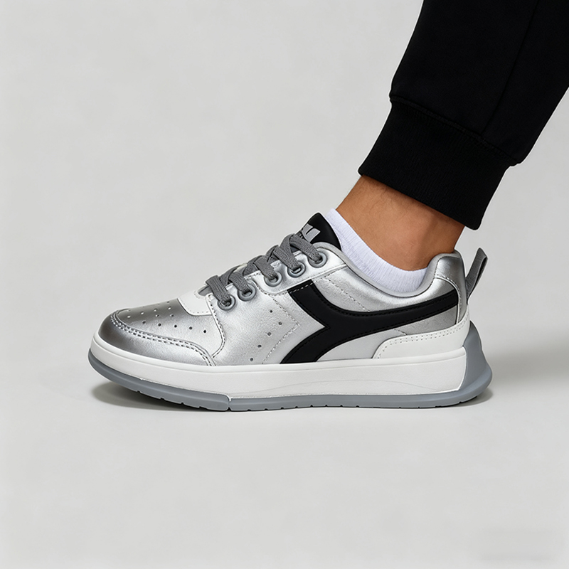 Casual Shoes Boys' Everyday Casual Sneakers - Black Leather with Burgundy Strip & Silver Detailing, Great for Play