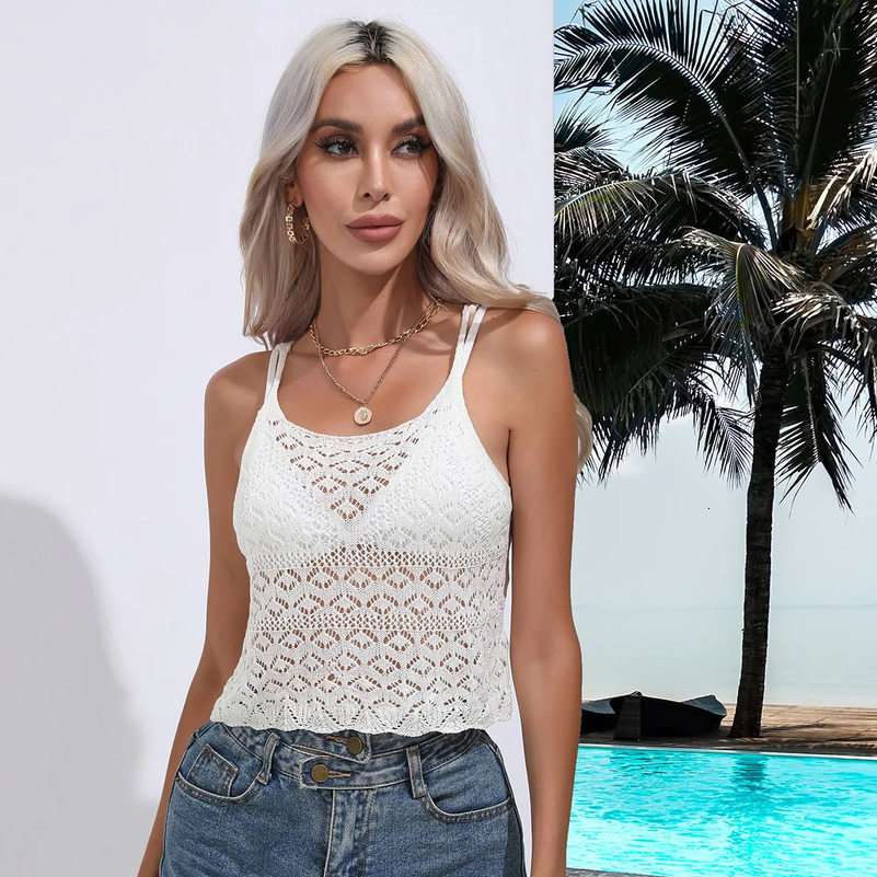 Summer Womens Knitted Vest Solid Color Vacation Hollow Women Pipe Top Beach Women Summer Crop Top Women 250415