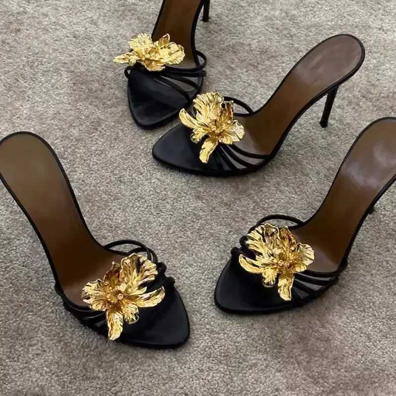 Gold Flower Decor High Heels Slippers Vintage Black Leather 2025 Summer New in Sexy Womens Sandals Luxury Designer Party ShoesXJ250925