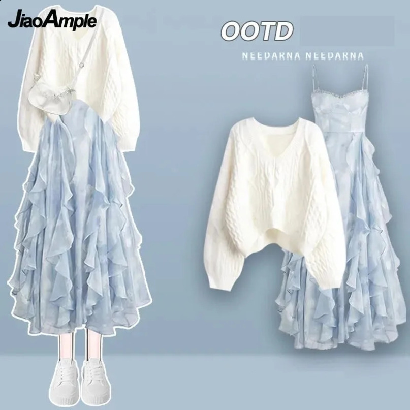 Womens Autumn Winter in Matching Set Korean Elegant VNecek Knitted Sweater Sling Dress Two Piece Female Clothing Suit 240729