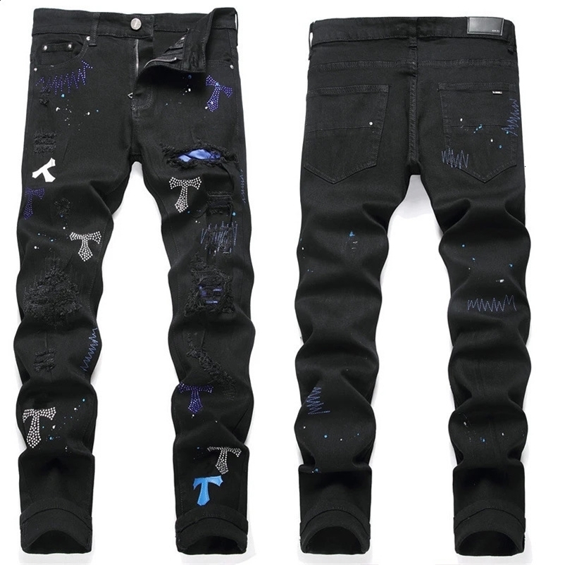 Mens jeans 3109 ripped patch black trend stretch slim legs personalized mens pants 240809