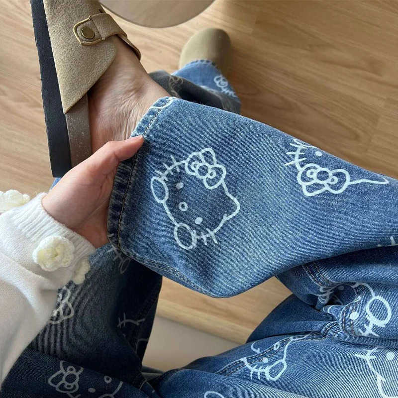 Sanrio Hello Kitty Womens High Waist Straight Leg Denim Pants Stretch Comfort Leg Jeans Breathable Dark Blue Wide Leg Jeans for Women L250925