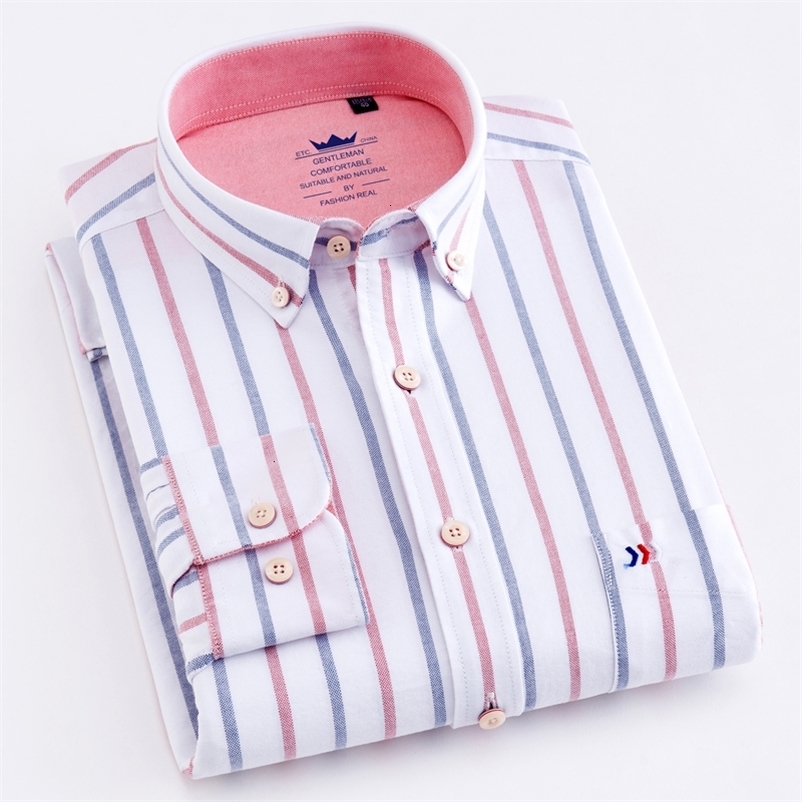 Men's Casual Shirts Men's Casual 100% Cotton Oxford Striped Shirt Single Patch Pocket Long Sleeve Standard-fit Comfortable Thick Button-down