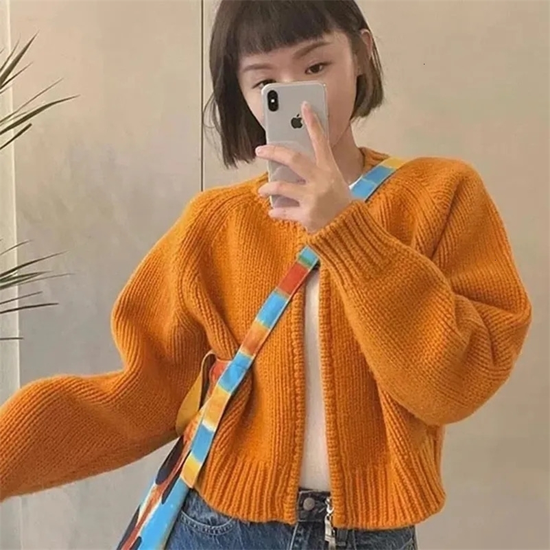 Women's Knits Tees MEXZT Solid Knitted Cardigan Women Sweet Zipper Cropped Sweaters Korean Vintage Casual Knitwear Coat Loose Short Jumpers Jacke