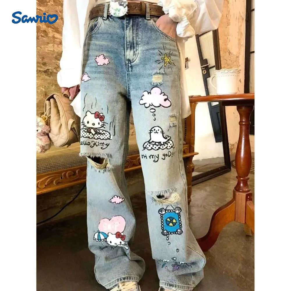 Sanrio Kawaii HelloKitty Streetwear Jeans Woman Hip Hop Style Distressed Washed Ripped Design Loose Fit Oversized Wide Leg Pants L250925