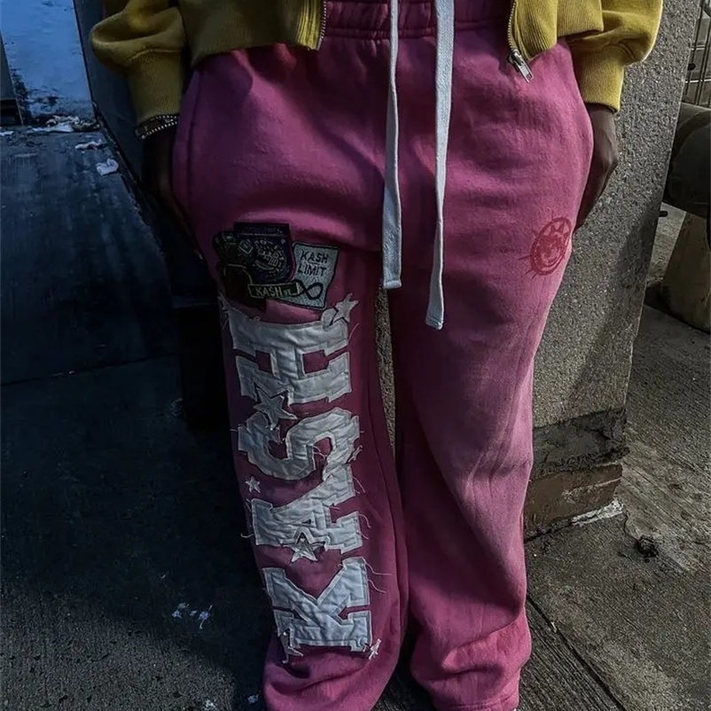 Street wear retro pink double-layer sports pants Y2K mens Gothic hip-hop letter patch retro bag pants casual jogging pants 241203