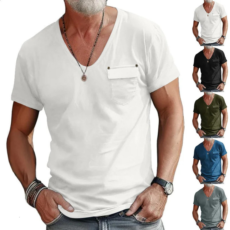 Summer Fashion Slim Fit U Neck Casual Versatile Solid Color Henry Shirt Short Sleeve Mens 250427