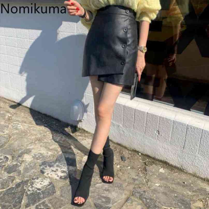 Nomikuma Autumn Winter New PU Skirt Korean Irregular Buttons Leather Women Skirts Causal High Waist Faldas Mujer Moda 6D149 210427