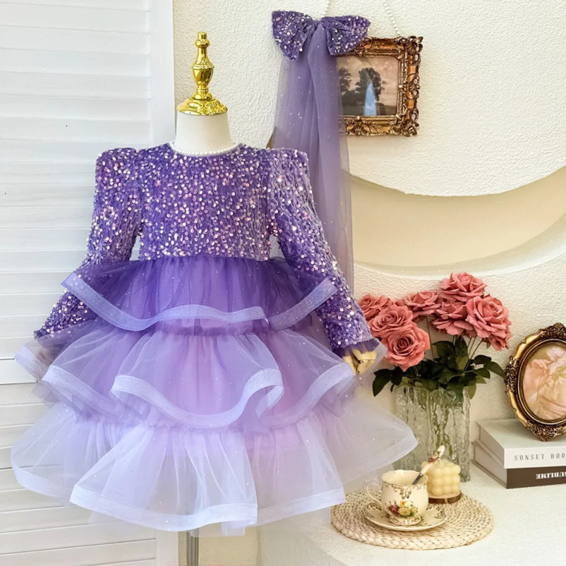 Autumn Winter Kid Girl Dress Purple Performance Childrens Girls Princess Dress With Bow Veil Shiny Sequins Baby Girl Dress 241219