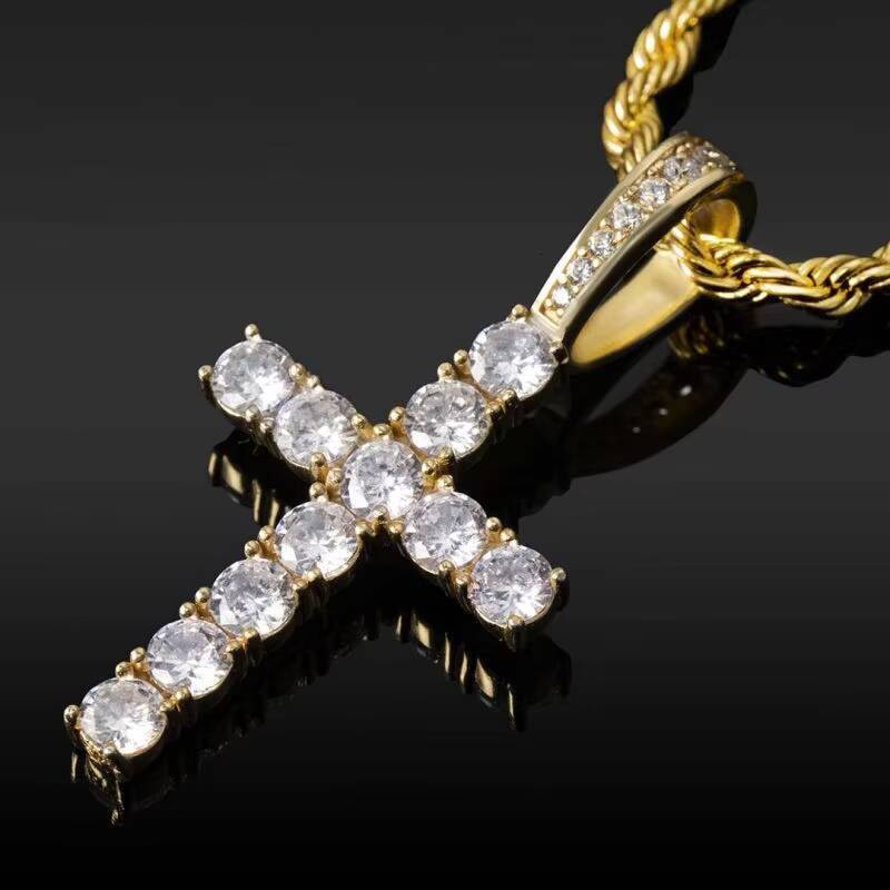JWY 925 Sterling Silver Cross Pendant Necklace Fashion Jewelry with Moissanite for Childrens Hip Hop Iced Out Style