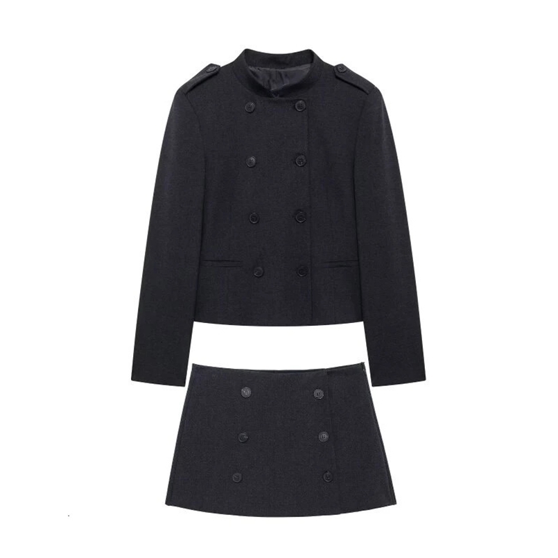 UNIZERA womens suit pants and skirt set retro strap decoration long sleeved stand collar slim fit autumn suit set 250109