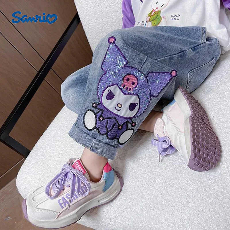 Sanrio 2024 New Kuromi Kids Jeans Cute Cartoon Retro Loose Fashion Elastic Waist Children Versatile Jeans Toys for Girl Gifts L250925