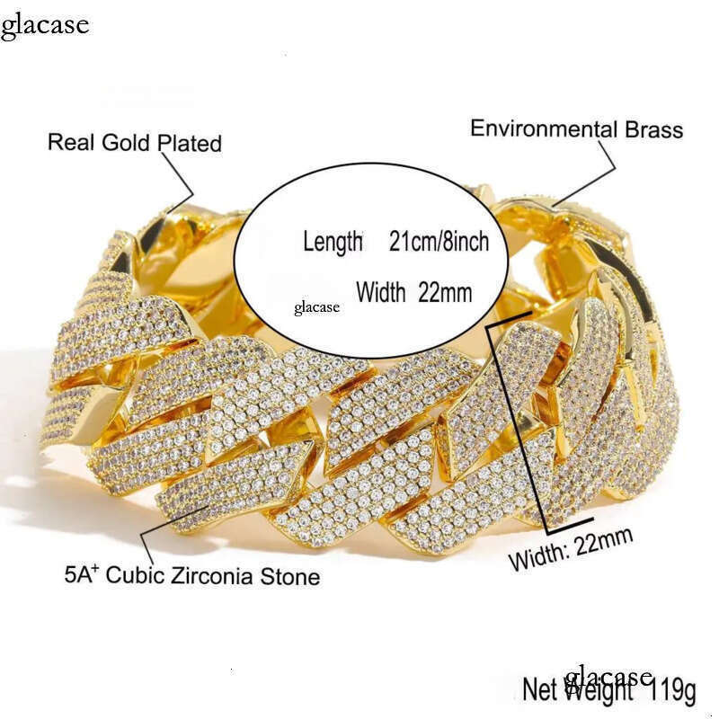 BES 22mm Iced Out 4 Rows CZ Dia Cuban Link Chain Gold Plated Fashion Hip Hop Jewelry Bracelet Necklace for Men