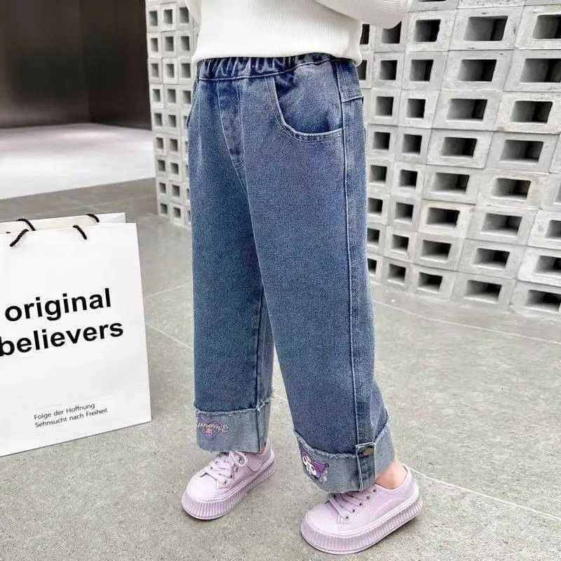 Sanrio Girl Cowboy Pants Kuromi Kawaii Anime Cartoon Fashion Student Motion WideLeg Jeans Casual Pants Children Clothing New L250925