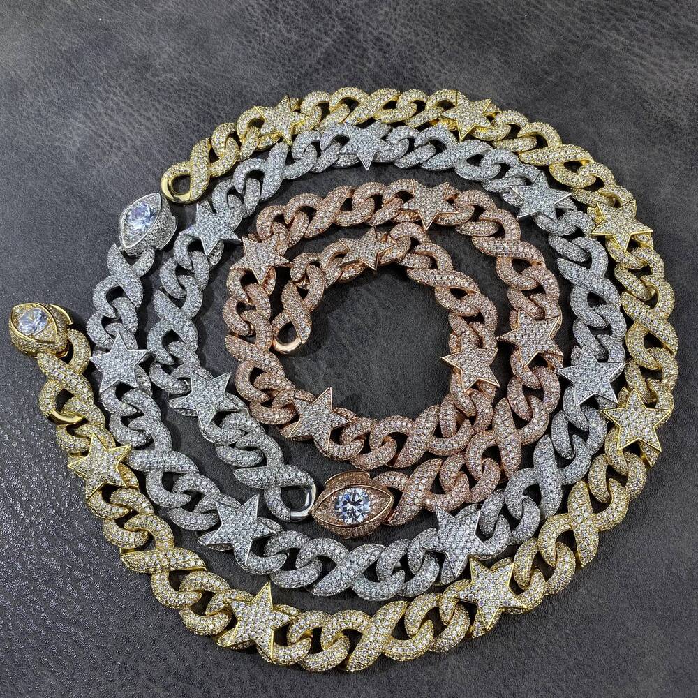 Luxury Bling Hip Hop Men Boy Jewelry Solid Back Heavy Rock Punk Cz Infinity Chain Star Charm Necklace