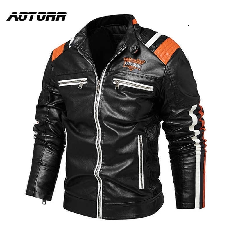 Vintage Motorcycle Jacket Men Leather Jacket Embroidery Bomber Coat Winter Fleece Pu Overcoat Man Stand Collar Thick Windbreaker 211018