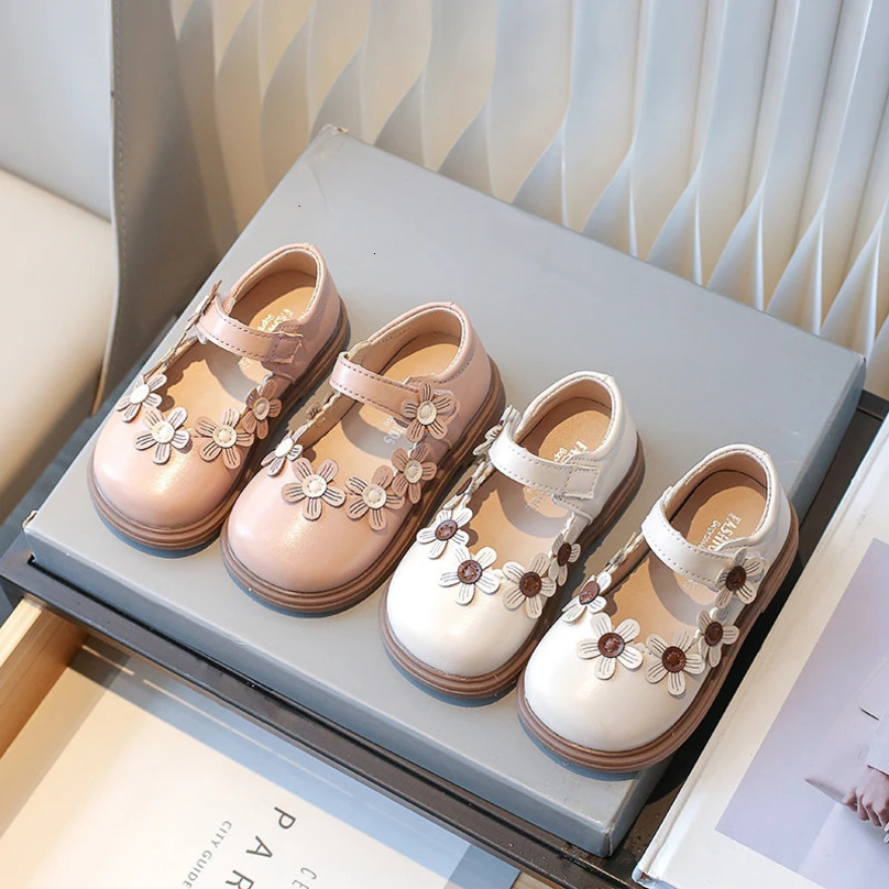 Girls Mary Janes Appliques Flower Lovely Beige Pink Children Leather Shoe Spring Comfy All-match Daily Elegant Kids Shoe 21-30 250528