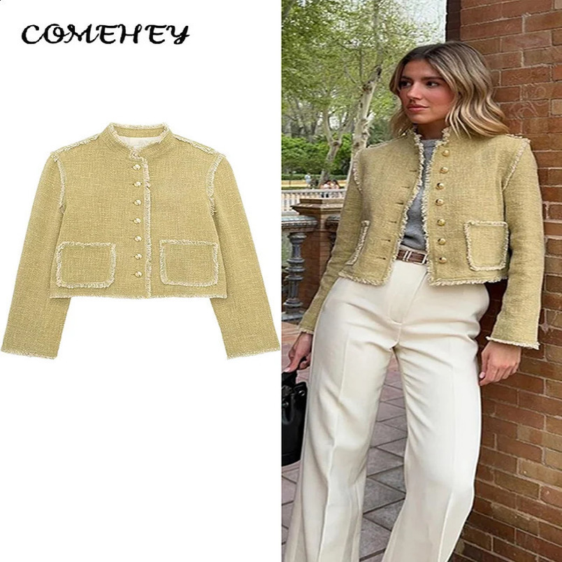 Elegant coarse woolen womens coat fashionable single chest standing collar pocket jacket spring office womens fur edge jacket 240906