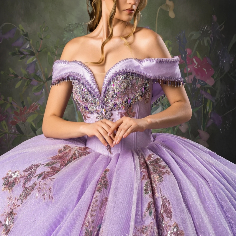 Light Lilac Shiny Quinceanera Dresses Off The Shoulder Sequin Applique Lace Beading Crystal Tull Party Birthday Sweet 16 Dress Vestidos 15 De Anos