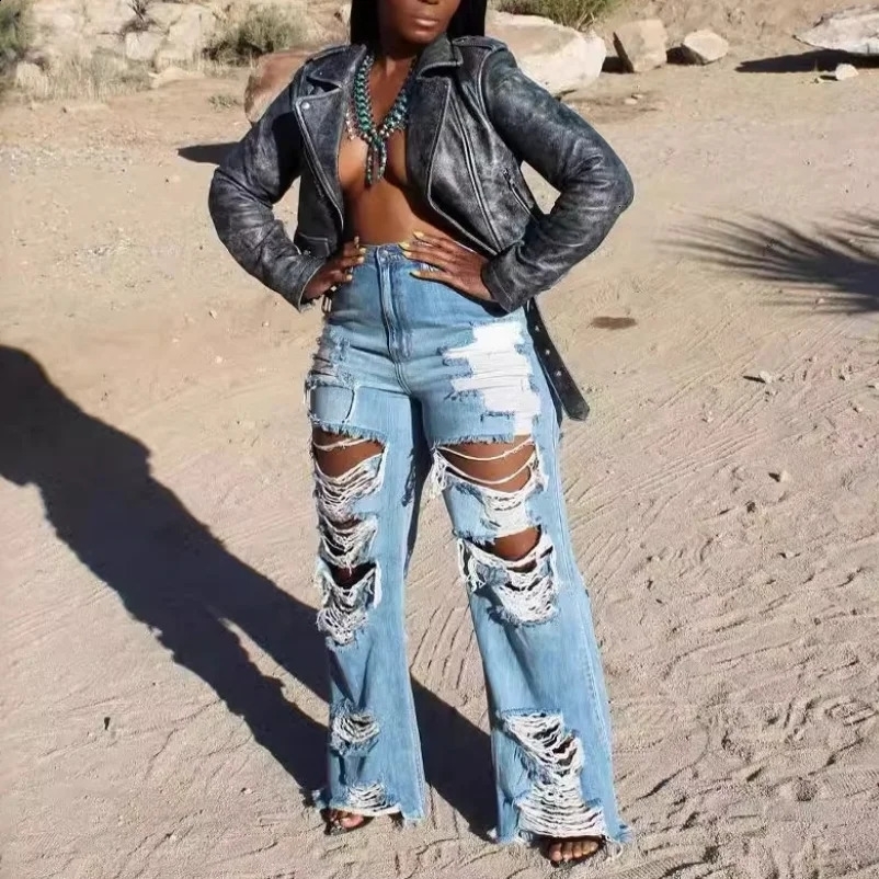 Womens Jeans Long Pants Elegant Splice Denim Pants Slim Y2k Sexy Hole High Waist Button Pocket Straight Trousers Summer 250225