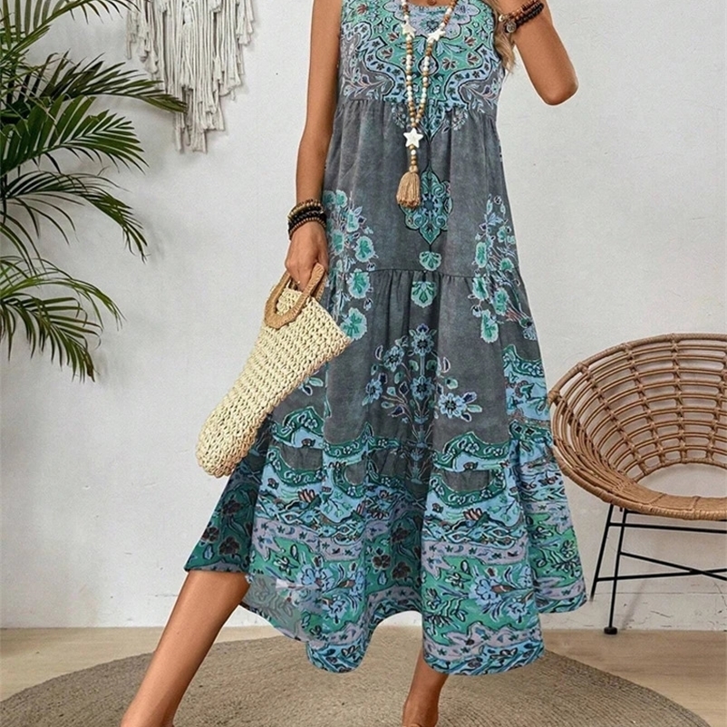 Summer printed collarless womens clothing suitable for leisure or beach suitable for holidays and long vacations 250317