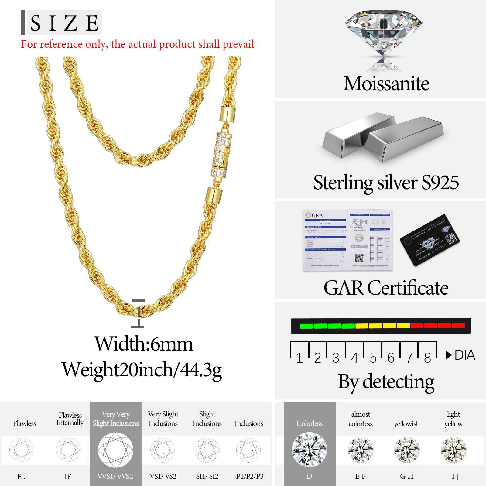 6mm Luxury 14K 18K Gold Plated Solid 925 Sterling Silver VVS Moissanite Diamond Iced Out Lock Rope Chain Necklace for Men