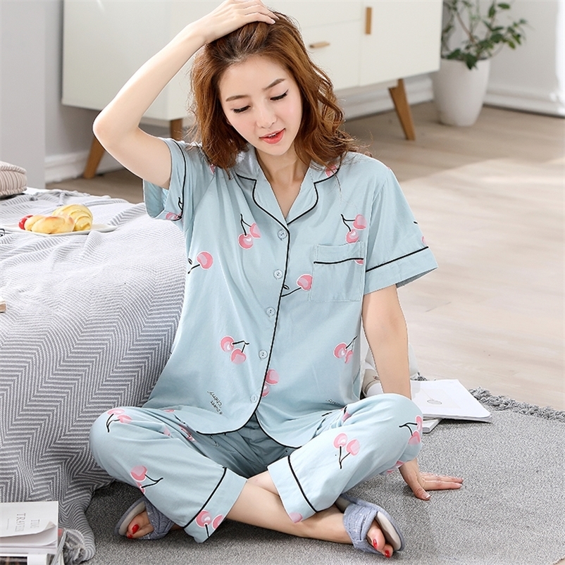 Women's Sleepwear Fashion Cotton Pajama Set Women Summer Short Sleeve XXL 3XL Big Sleepwear Cherry Printed Long Pants Women's Pajamas 230310