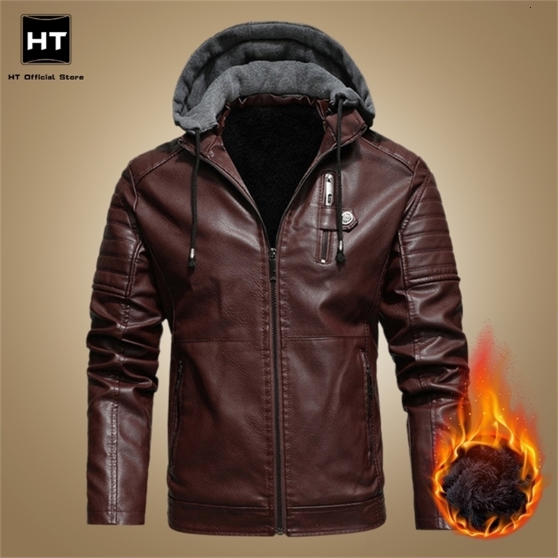 Men's Leather Faux Autumn Winter Fleece Jacket Men Motorcycle PU Casual Hooded Bomber Mens Windbreaker Coats 220913