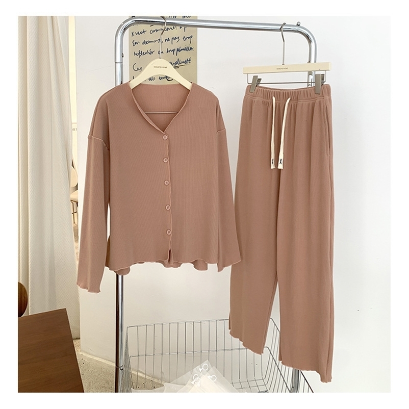 Women's Sleepwear Autumn Pajamas Sets Women's Long-sleeved Trousers Develvet Simple Korean Style V-neck Cardigan Tops with Pants Winter Home