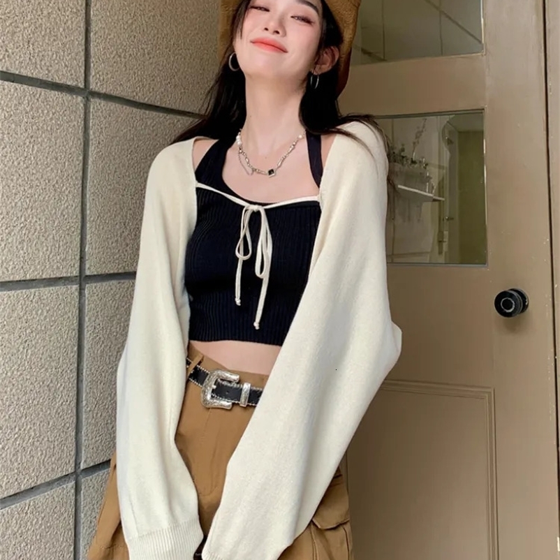 Women's Knits Tees Thin Cardigan Women Summer Sun-proof Slim Cropped Elegant All-match Street Wear Vacation Solid Casual Lace-up Tender Simple In