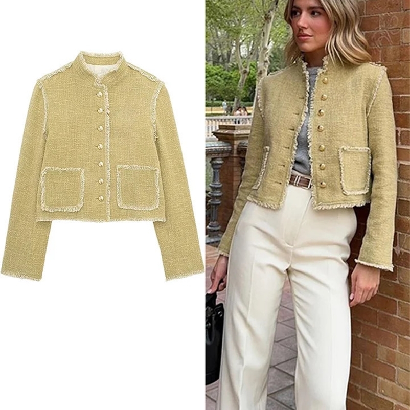 Elegant Tweed Womens Coat Fashion Single Breasted Stand Collar Pockets Jacket Spring Office Lady Female Furry Edge Outwear 240911