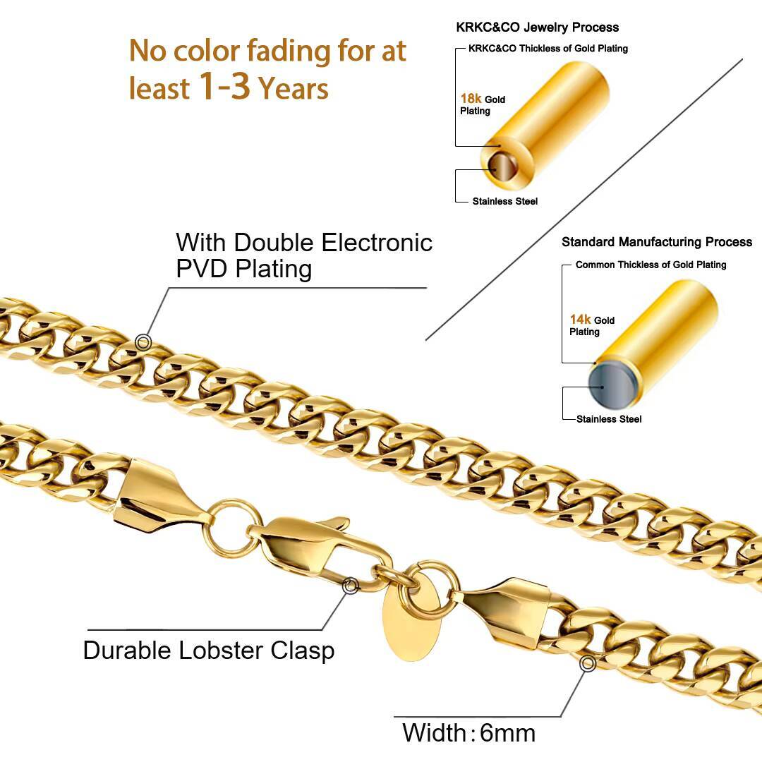 KRKC New Arrival Jewelry 3mm 4mm 6mm 18k Gold PVD Sterling SilverMiami Curb Cuban Link Lobster Clasp Necklace Mens Chains
