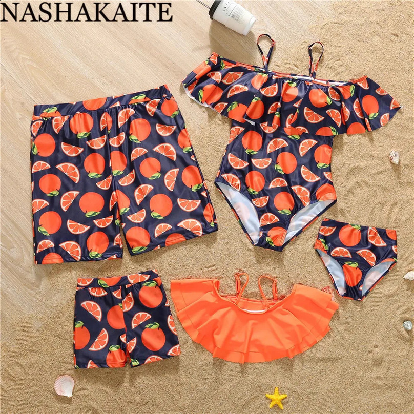 NASHAKAITE Family Swimsuit Mother Daughter Matching Swimwear For Family Set Orange Printed Mommy and me swimsuit bikini women 250319