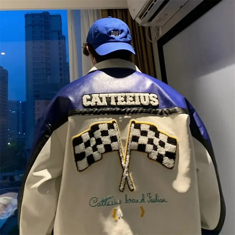 Street ruffian handsome pu leather bomber jacket couple American motorcycle suit baseball uniform retro fashion leather jacket 240716