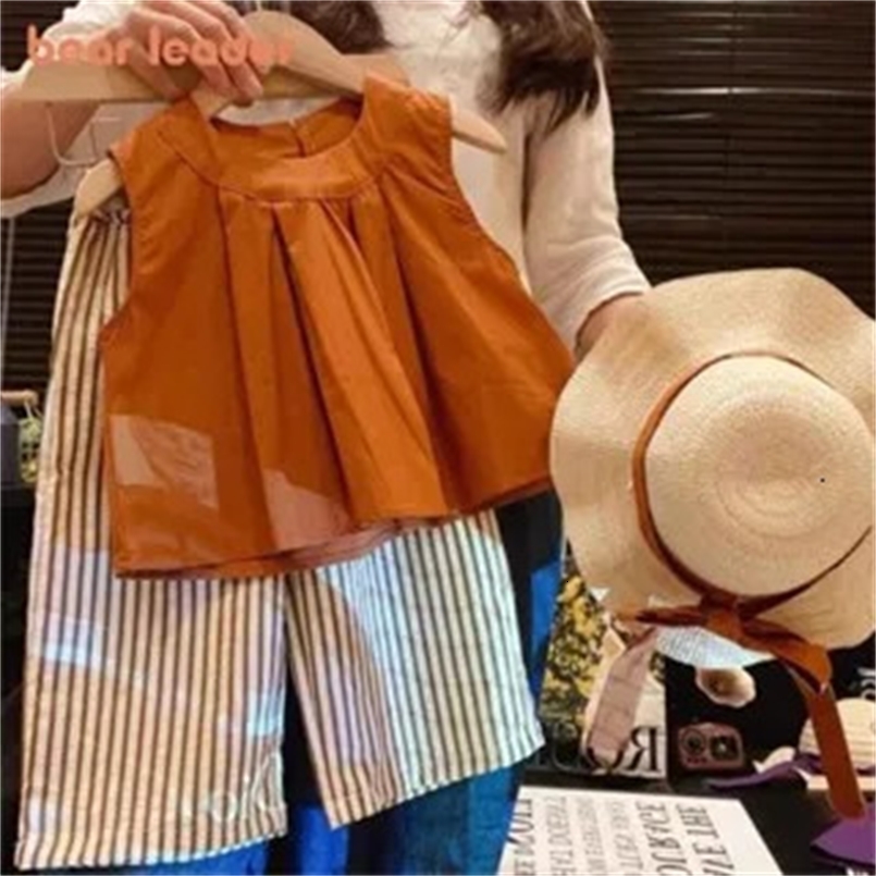 Bear Leader Khaki VestStriped Wide Leg Pants Summer Two-piece Set Daily Simple Sleeveless Childrens Clothing for 3-7 Years Old 250314