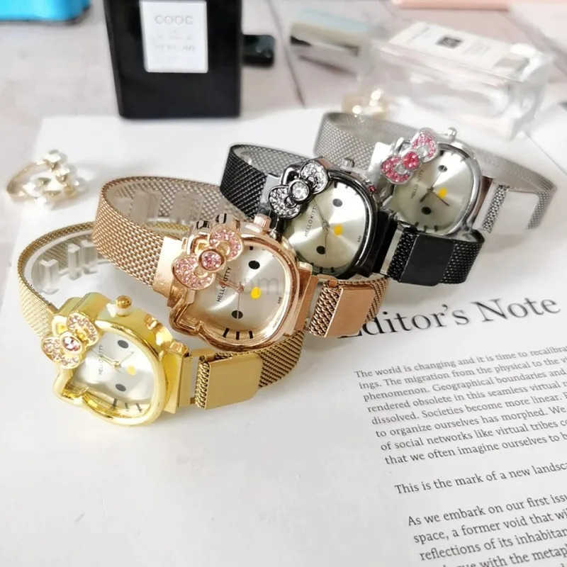 Sanrio Kawaii Hello Kitty Watch Metal Vintage Diamond Bow Ladies Watch Kawaii Girl Birthday Cartoon Anime Student Magnet Strap Gifts L250925