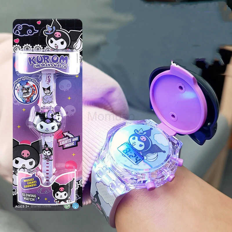 Sanrio Kuromi My Melody Kawaii Lighting Music Flip Watch Luminescent Electron Toys Creative Jewelry A Birthday Gift for Girl Boy L250925