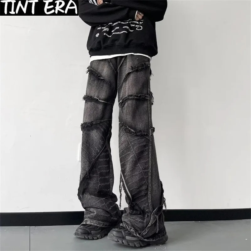Y2K Punk Black American Street Rock Retro High Waist Oversized Jeans Men Raw Edge Washed Darkwear Wide Leg Trousers Men 240319