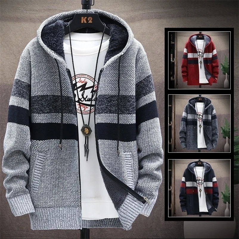 Men's Jackets Autumn and Winter Men's Color Matching Knitwear Youth Standing Neck Sweater Cardigan Plush Baseball Neck Coat 231212