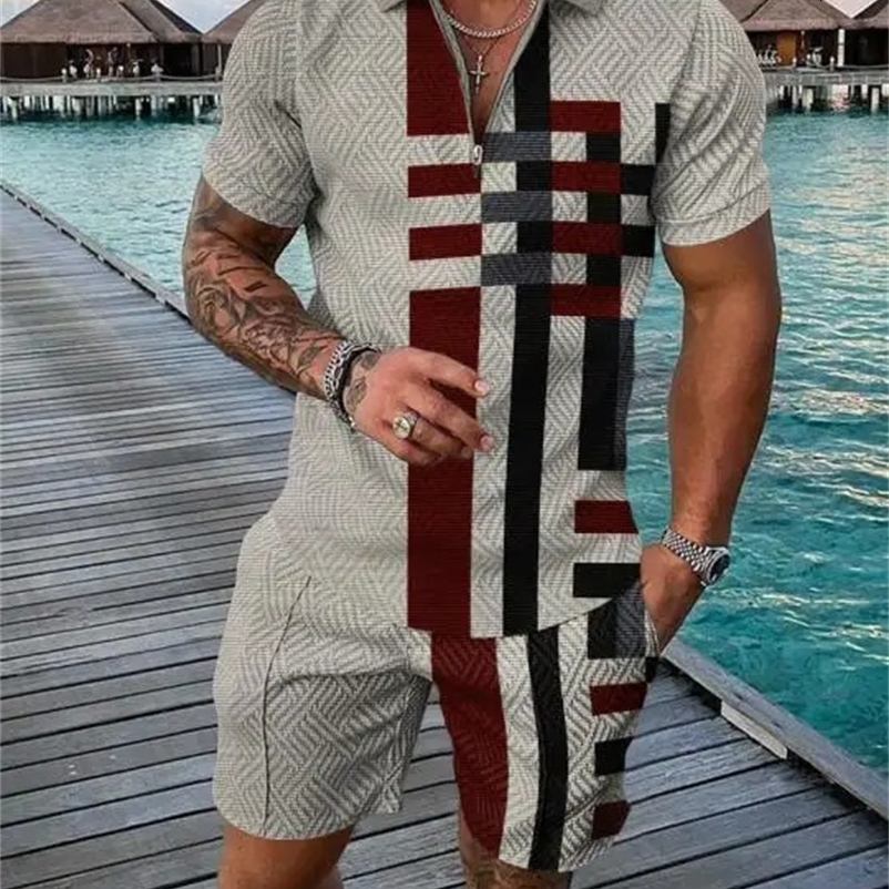 Summer trend plain printed mens track wear casual zipper collar polo shirt and shorts 2-piece set mens streetwear 240930